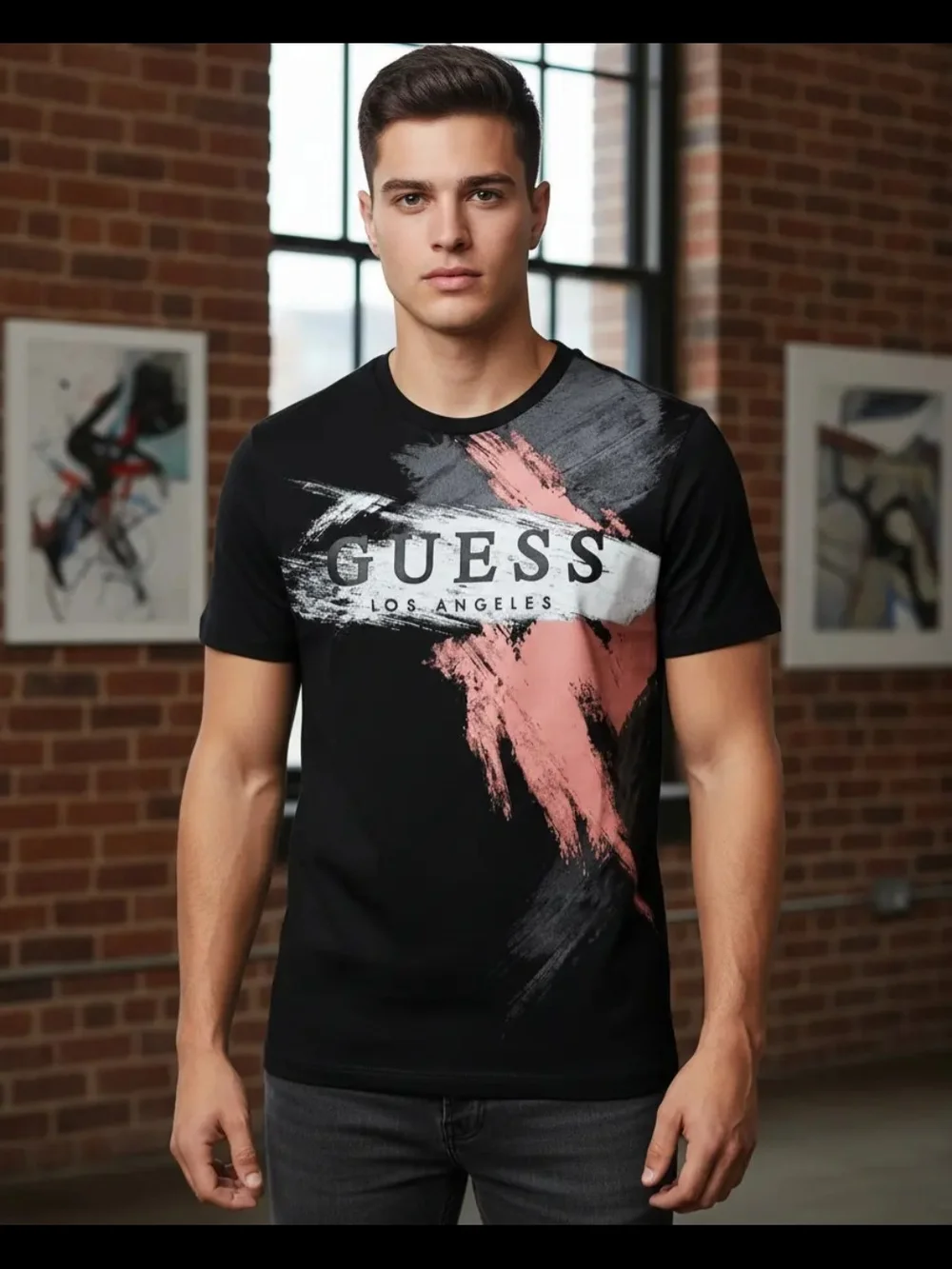 GUESS Los Angeles Black T-Shirt with White & Coral Brushstroke - Picture 3 of 3